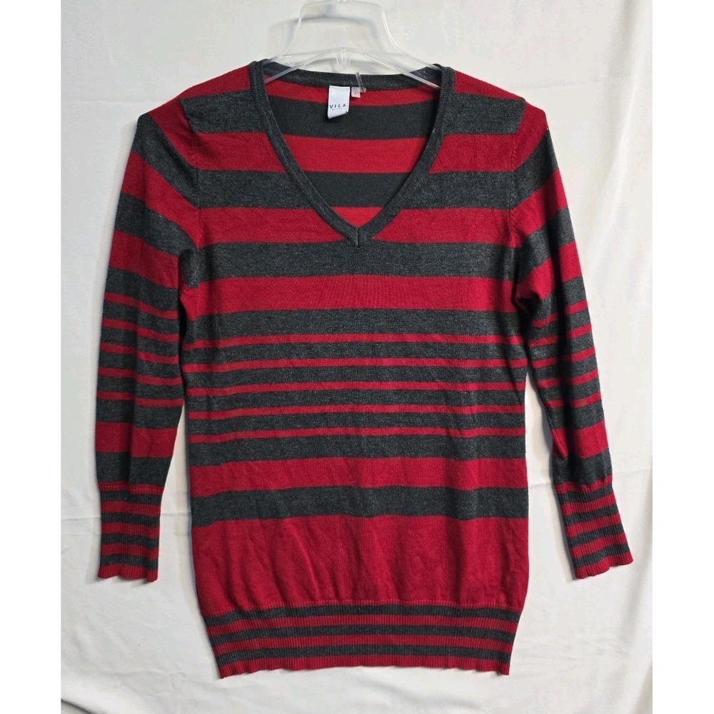 Vila Milano Tunic Sweater  L Red Gray Striped